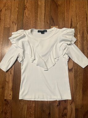 Veronica Beard White Ruffle-Trim Knit Top